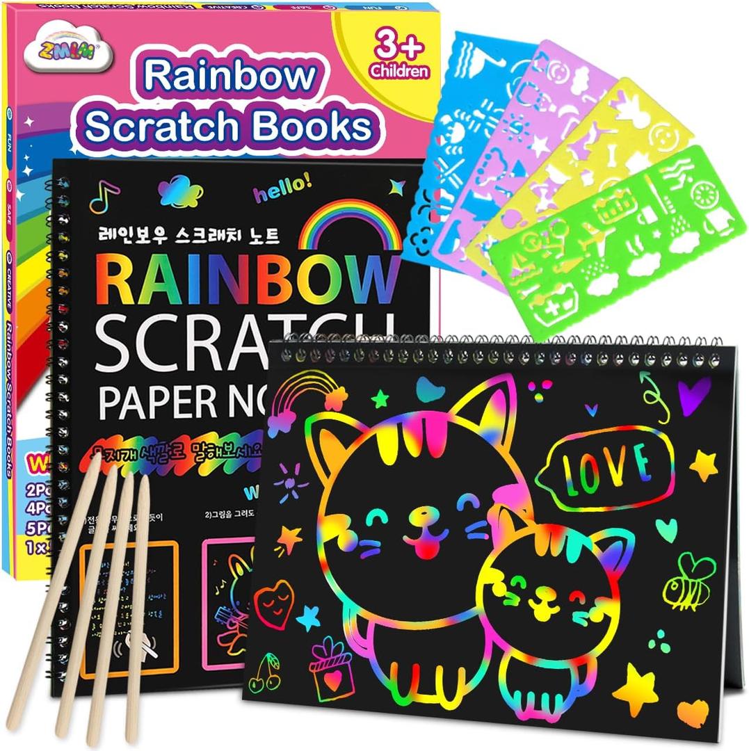 ZMLM Scratch Paper Art-Crafts Gift: 2 Pack Rainbow Notebooks Supplies Toys Easter Basket Stuffers for 3 4 5 6 7 8 9 10 Years Old Girls and Boys Kids Valentine's Day Birthday Party Travel Games (Pink)