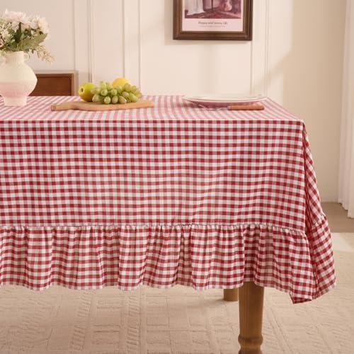 Romanstile Gingham Ruffled Tablecloth Rectangle - Waterproof Linen Cotton Checkered Table Cloth, Outdoor Plaid Table Cover for Picnic, Camping, Party - 60 x 120 Inch, Red