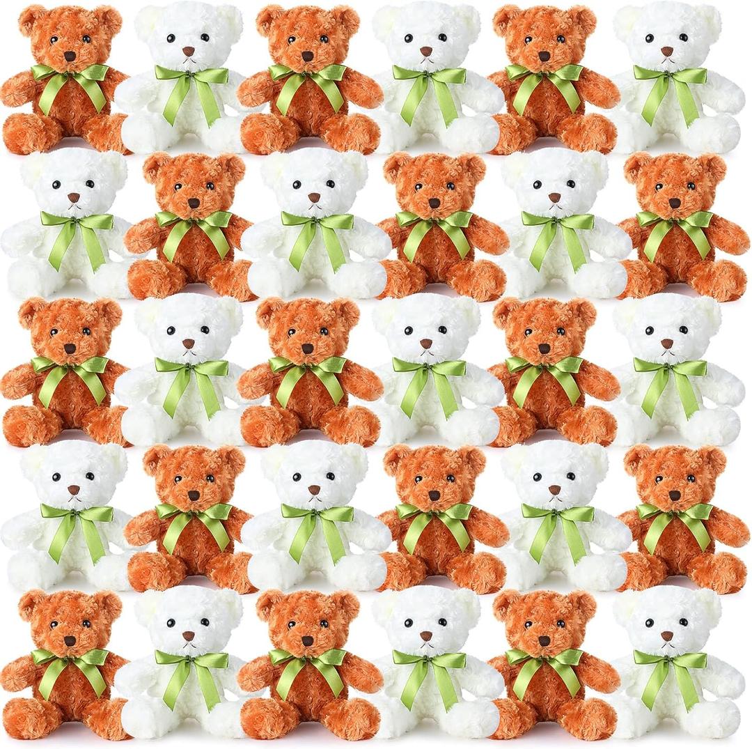 Hungdao 36 Pcs Plush Bears Bulk 10 Inch Bears with Bow Cute White and Light Brown Stuffed Animals Small Soft Plush Toys Gifts for Birthday Graduation Wedding Baby Shower Party Favors