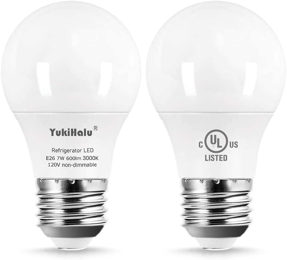YukiHalu, A15 Appliance Light Bulb, 60W Equivalent for Range Hood/Refrigerator Light Bulb/Ceiling Fan Light, 600 Lumens 7W 120V 3000K Warm White E26 Base, Waterproof, Not Dimmable, 2-Pack