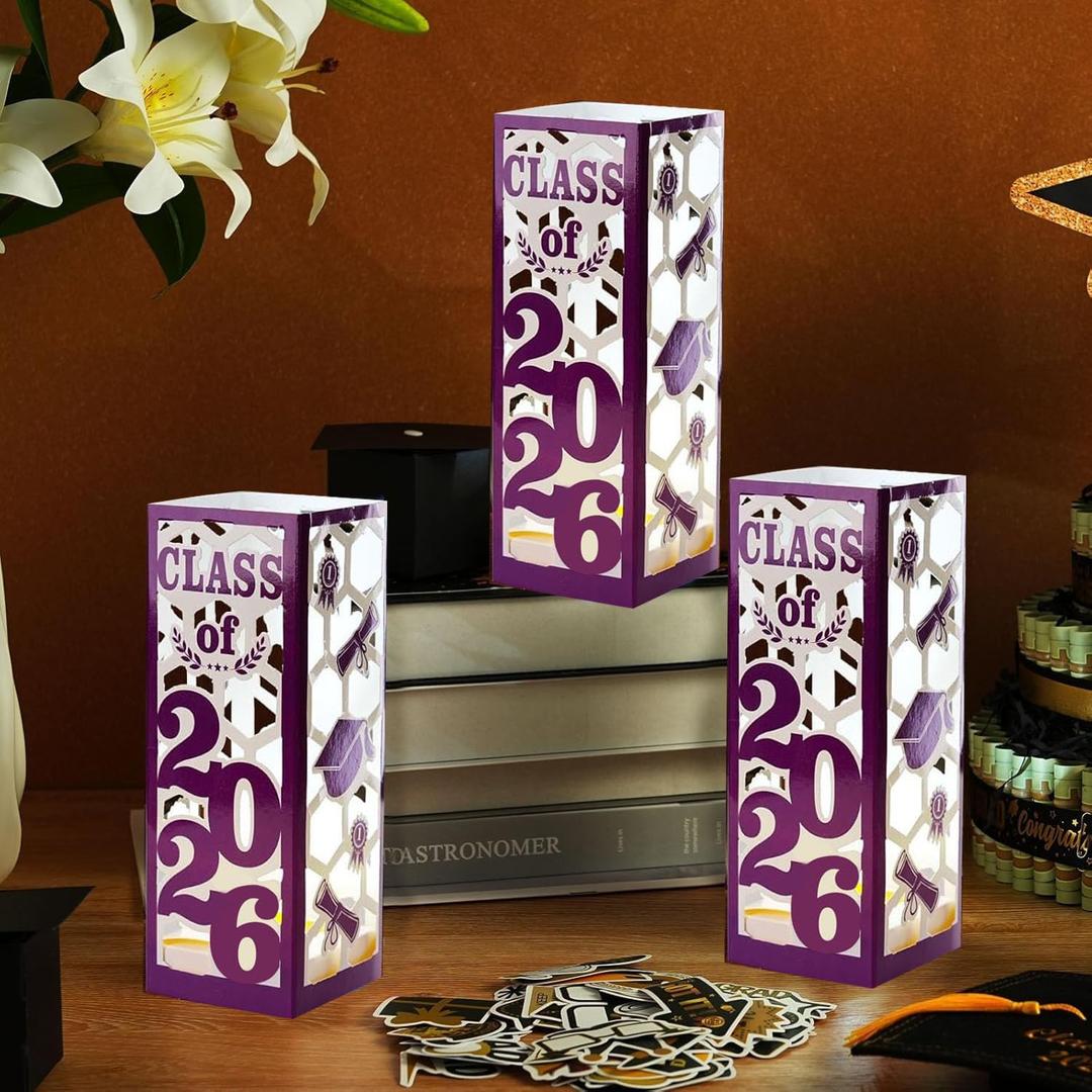 6 Pcs Light Up Graduation Centerpieces- Class of 2026 Graduation Decorations Lantern Boxes for College High School Congrats Graduation Party Supplies(Purple)