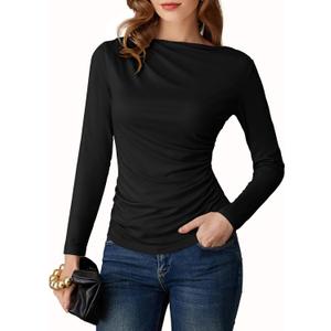 GRACE KARIN 2026 Women's Long Sleeve Wrap Blouse - Boat Neck Ruched Fitted Trendy Top for Fall Dressy Casual (Medium, Black)
