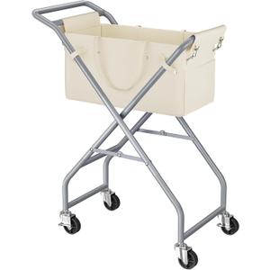 No-Bend Laundry Cart- Rolling Hamper with Locking Wheels & Handle, Foldable Basket Screw-Free Assembly, Durable Metal Frame & Removable Liner Bag for Bedroom & Bathroom (Beige), 28.35" x 12.6" x 27.56"