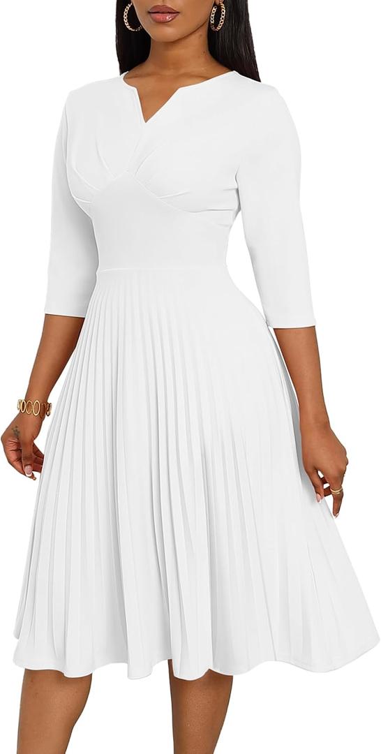 CLOCOR Midi Dresses for Women Casual Wrap Flared Pleated Dress A Line 3/4 Sleeve V Neck Church Cocktail Wedding Guest Dress (1-white) 
XL
