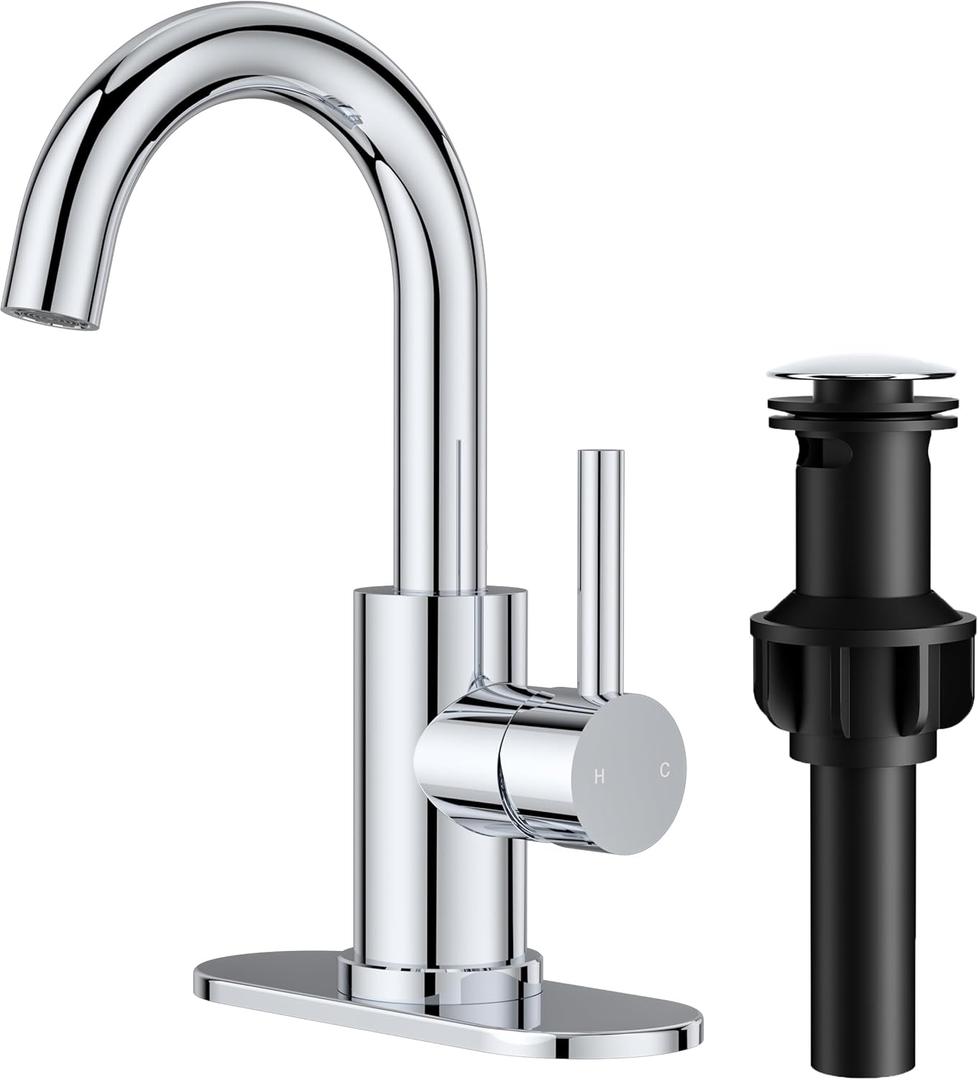 FORIOUS Single Hole Bathroom Faucets 3 Hole One Handle 360 Swivel Gooseneck Spout, Lead-Free, Suitable for Bathroom Wet Bar RV Vanity Restroom Sink, with Pop Up Drain and Supply Line