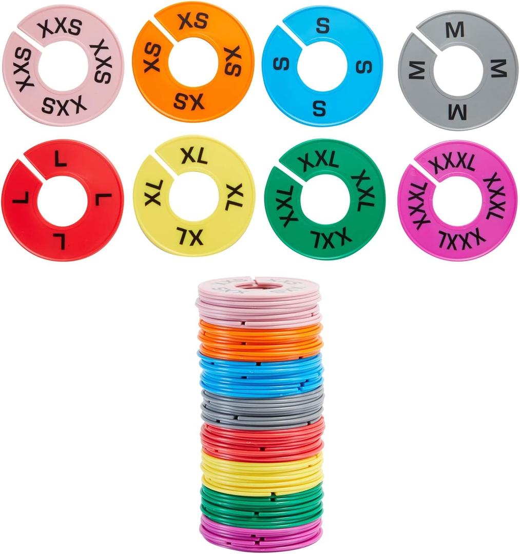 Stockroom Plus 80 Pack XXS to XXXL Sizing Rings for Clothing Racks, Small Business, Yard Sale, 8 Colors