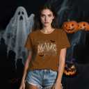 Halloween Shirts for Women Spooky Mama T-Shirt Funny Leopard Cobwebs Crewneck Tee (Brown, XL)
