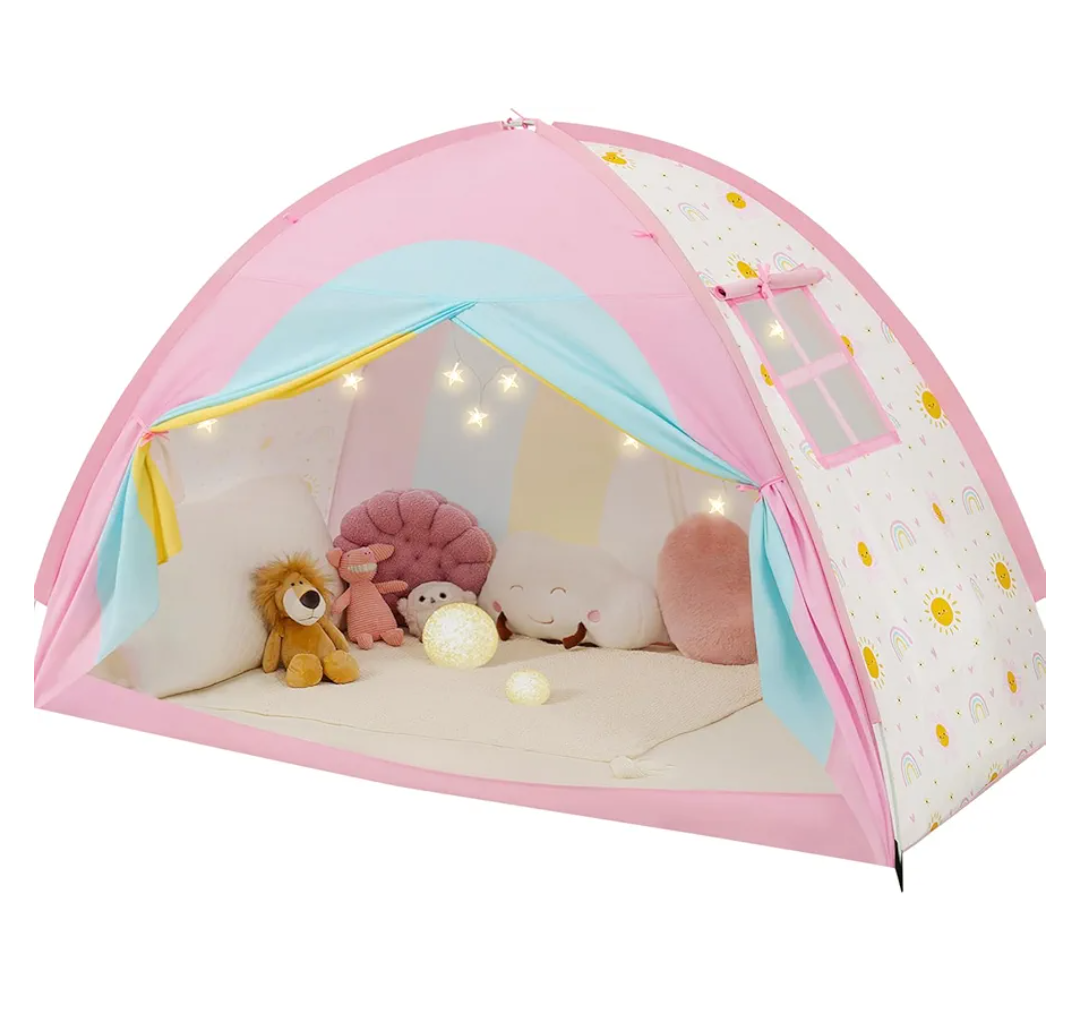 Twin Bed Tent for Kids, Twin Size Bed Canopy with Star Lights, Privacy Space Blackout Sleeping Tents, Indoor Breathable Portable Bunk Bed Tent for Girls, Rainbow