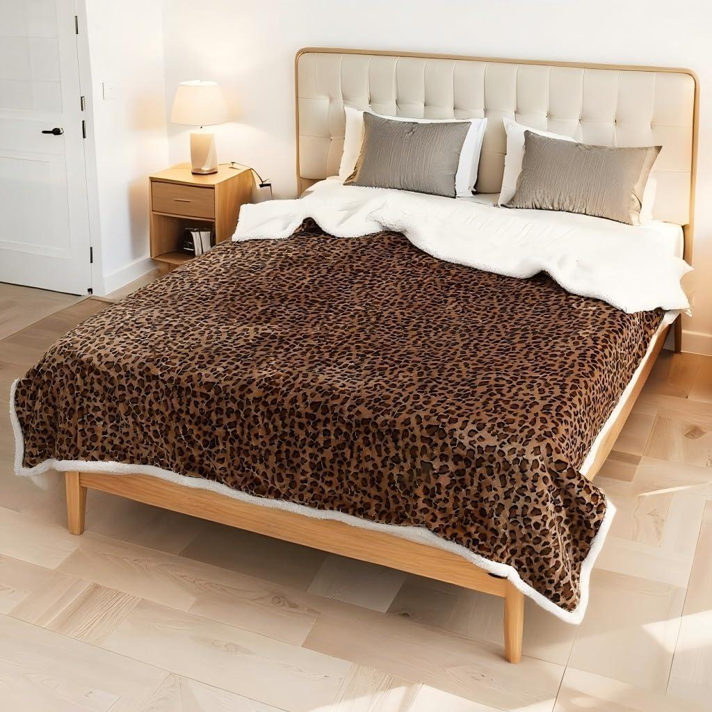 Electric Heated Blanket Throw Size 50"x60" - Dual-Sided with Microplush & Sherpa Fabric, 4 Heat Settings & 3 Hours Auto Off - Leopard Print