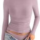 Womens Double Lined Long Sleeve Shirts Crewneck Ruched Top Tight Fitted Basic Tee Fall Going Out Outfits 2026 (Medium, Chalk Pink)