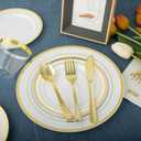 N9R 600PCS Disposable Plastic Plates, Gold Plastic Dinnerware Set Includes 100 Dinner Plates, Dessert Plate, Cups, Spoons, Forks, Knives for 100 Guests, Perfect for Party, Wedding, Birthday