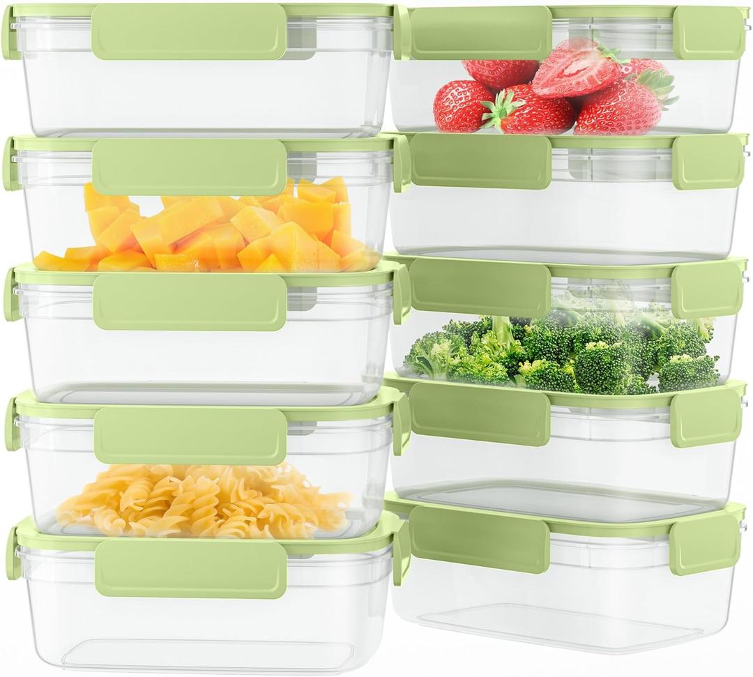 10-Pack Food Storage Containers with Airtight Leakproof Lids, BPA-Free Meal Prep Containers for Microwave/Dishwasher/Freezer, Green, 28.7oz Each
