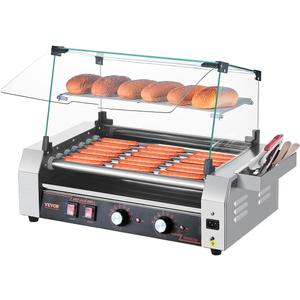 VEVOR Hot Dog Roller, 18 Hot Dog 7 Rollers, Stainless Steel Sausage Grill Cooker, 1050W Commercial Hot Dog Machine with Dual Temp Control, Cover, Side Storage Box, Removable Shelf & Oil Drip Tray
