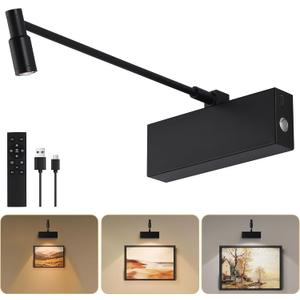 Wireless Picture Light for Wall with Adjustable Beam Angle, 8000mAh Rechargeable Art Light for Painting with Remote, Dimmable and Zoomable Picture Frame Spotlight for Gallery (Black)