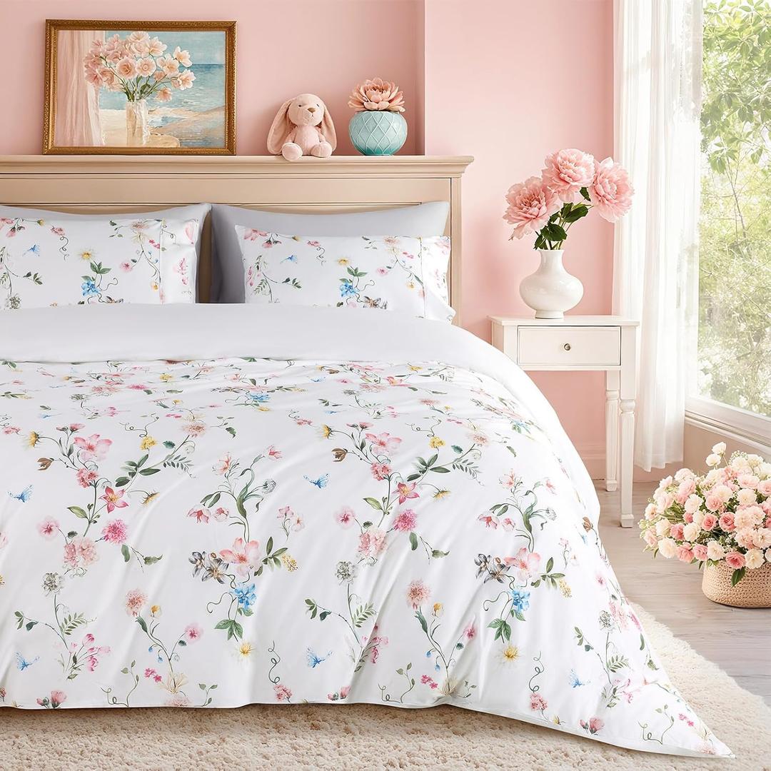 Shilucheng 100% Cotton Floral Duvet Cover King Size - 600 Thread Count, Breathable & Cooling Comforter Cover with Zipper ClosureHotel Bedding Duvet Covers 3 Piece (Jacaranda & Pink)