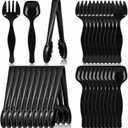 30pcs Disposable Plastic Serving Utensils Set 8.6'' Disposable Black Plastic Serving Spoons Forks Tongs Heavy Duty Black Large Party Utensils Supplies for Buffet Restaurant Dinner Wedding Salad Noodle