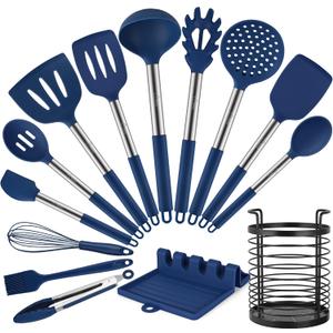 HOTEC Heat Resistant Silicone Kitchen Utensils, Cooking Utensil Set, Spatula Set, BPA Free, Kitchen Gadgets, with Stainless Steel Utensils Holder, Dishwasher Safe, 14pcs Classic Blue