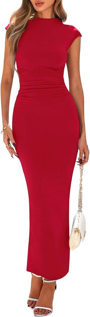 PRETTYGARDEN Women's Summer Maxi Dress Ruched Bodycon Sleeveless Formal Wedding Guest Elegant Cocktail Party Slit Dresses, Large
