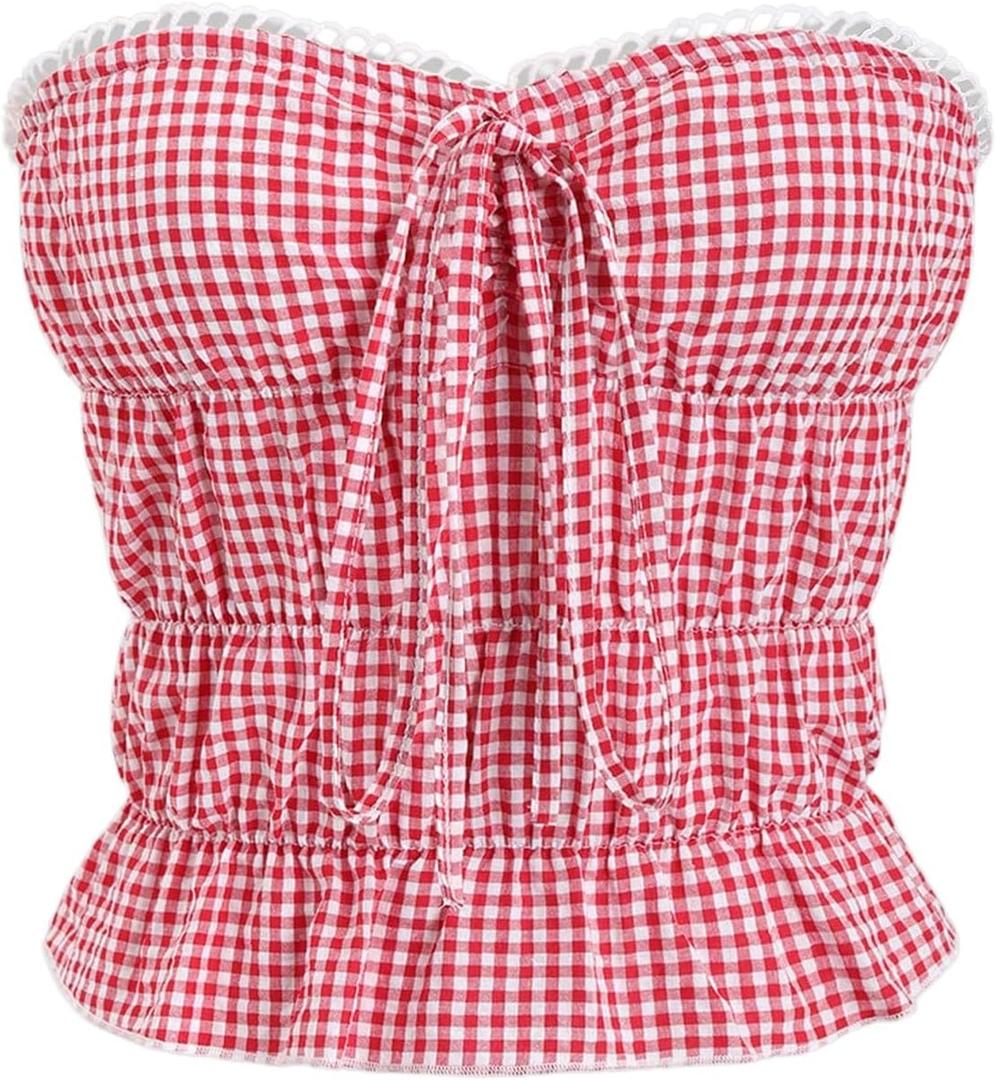 WDIRARA Women's Gingham Tube Crop Top Plaid Bow Ruffle Hem Y2k Bandeau Tops (XS, Red)