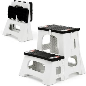 Folding Step Stool, 2-Step 8" 17", Non-Slip, 300lb Capacity No Assembly, Stable A-Frame, Safety Lock, Anti-Slip Rubber Feet, Collapsible Stool for Kitchen Bathroom Bed RV Office Garden