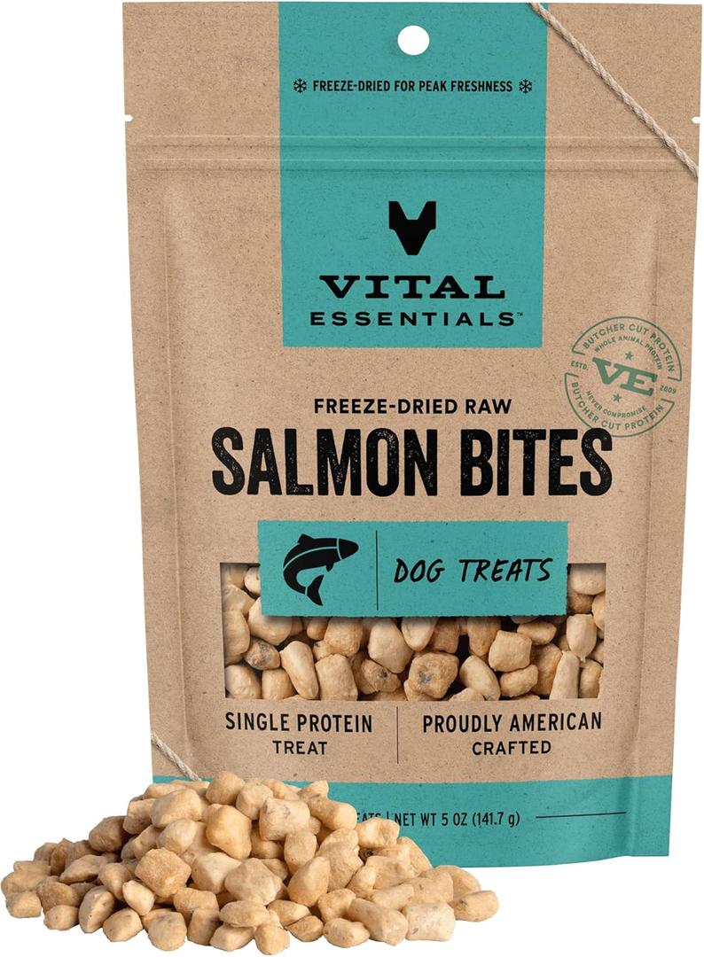 Vital Essentials Freeze Dried Dog Treats | Salmon Bites, Single Protein | Premium Quality | Grain Free Training Treats for Dogs, 5 oz Bag (EXP 12/04/27)