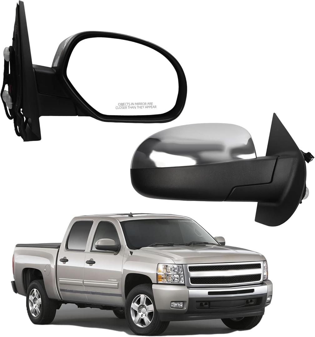 Dasbecan Passenger Side Mirror Compatible with 2007-2013 Chevy Silverado,GMC Sierra Yukon Right Mirror w/Power Glass, Heated, Manual Folding, Chrome Cover Replace# GM1321340 (5pins)