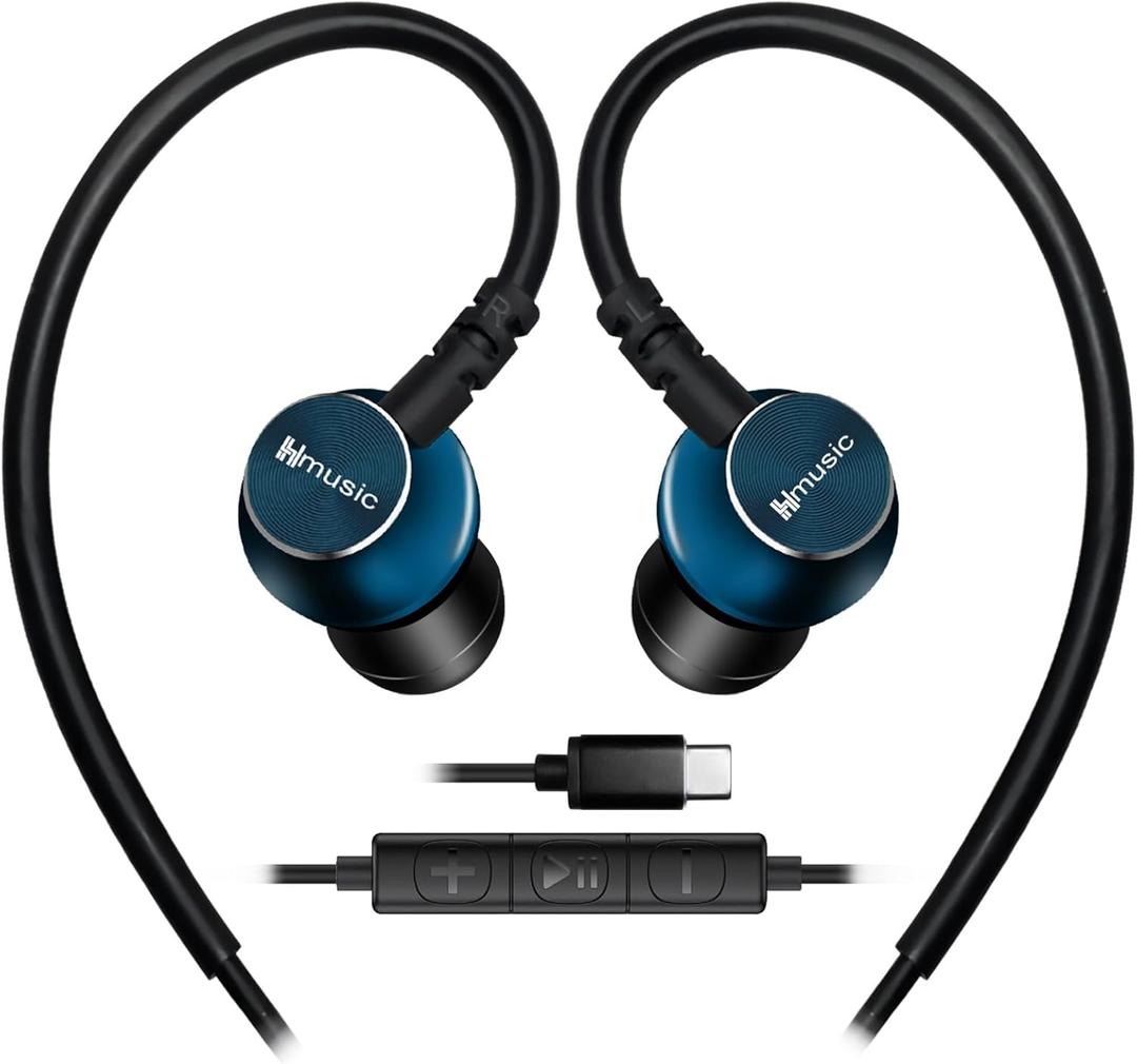 2 x Hmusic Sports Earbuds Wired with Microphone, USB Type C in-Ear Headphones with Over Ear Hook Earphones for Sports, Running, Workout, Exercising, Gym (Green)