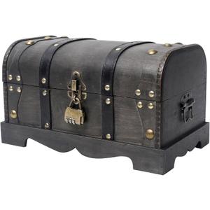 Vintage Wooden Treasure Chest Decorative Box with Lock - 12.2" x 7.1" x 7.1", Black