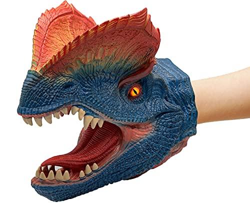 Gemini&Genius Dinosaur Toys Dilophosaurus Hand Puppets Halloween Scary Toys Soft Rubber Role Play Animal Head Puppets, Toy Gifts for Kids 3-12 Years Old