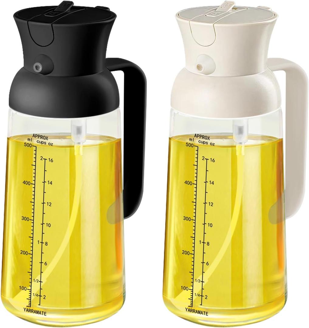 YARRAMATE 2Pcs Large Capacity 2 in 1 Oil Sprayer for Cooking with Measuring, 18oz/550ml Olive Oil Dispenser for Kitchen, Food-grade Oil Spritzer Bottle for Air Fryer, Salad BBQ (Black & White)