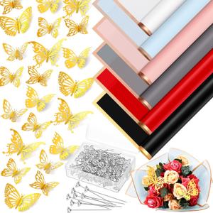 Yeaqee 60 Sheets Flower Wrapping Paper with 200 Pcs Bouquet Pin 48 Pcs 3D Gold Butterflies Decor for Festival Wedding Birthday Anniversary Mother's Day DIY Graduation Bouquet (Mix Color)