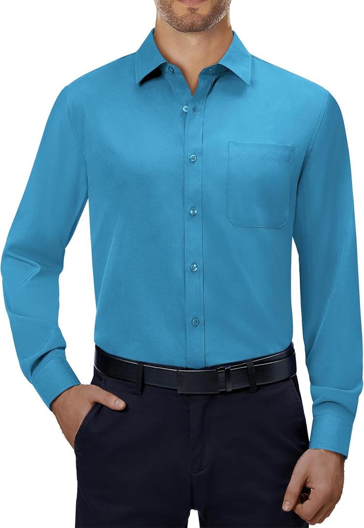 Alimens & Gentle Mens Dress Shirts 4-Way Stretch Long Sleeve Collared Casual Solid Wedding Dating Button Down Shirt (Large, Teal)