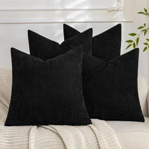 Set of 4 Soft Textured Decorative Throw Pillow Covers 18x18 Inch Cozy Farmhouse Cushion Cover Square Accent Pillow Cases for Bed Couch Sofa Living Room, Black