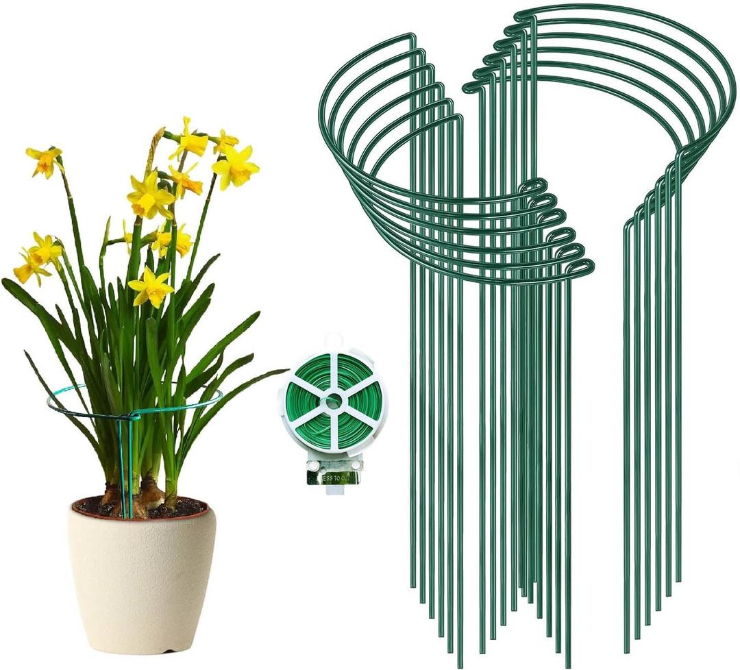 12 Packs Plant Support Stake, 10" W x 24" H Thickened 5mm Half Round Metal Garden Plant Stake, Green Plant Support Ring, Border Support for Indoor Outdoor Plants, Vegetable, Flowers