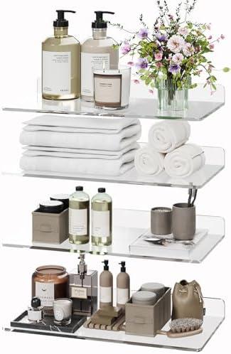 Resze 4PCS Clear Acrylic Over-The-Toilet Shelves, Thickened 16"x 8" Floating Shelves for Wall, Bathroom Decor & Space-Saving Storage Organizer for Bathroom Kitchen, Bedroom, Living Room Home Decor : Home & Kitchen