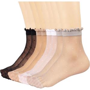 Mcool Mary 12 Pairs Women's Sheer Ruffled Socks Frilly Ankle High Nude Nylon Stocking Ultra Thin Cool Silk Socks for Women (5-9, Black*3+nude*3+grey*3+white*3)
