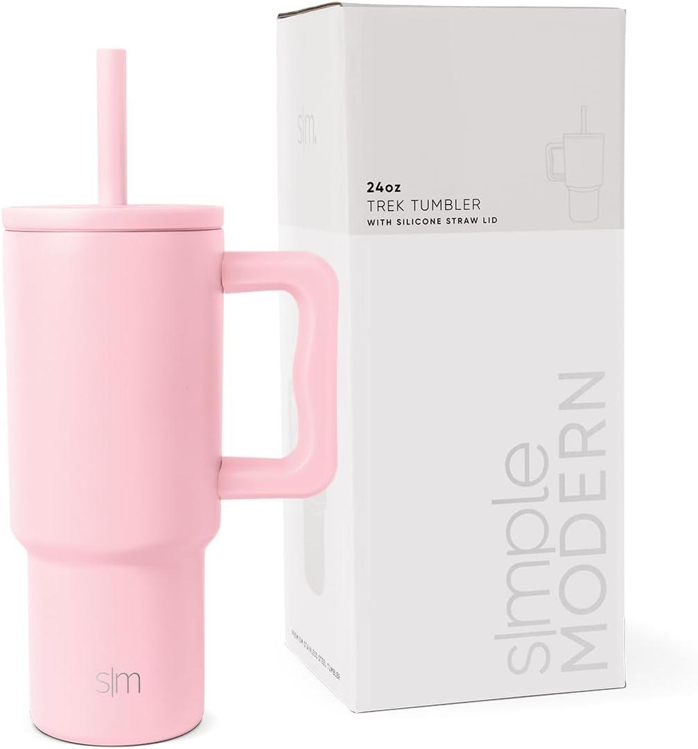 Simple Modern Kids 24 oz Tumbler with Handle and Silicone Straw Lid | Spill Proof and Leak Resistant | Reusable Stainless Steel Bottle | Gift for Kids Boys Girls | Trek Collection | Blush