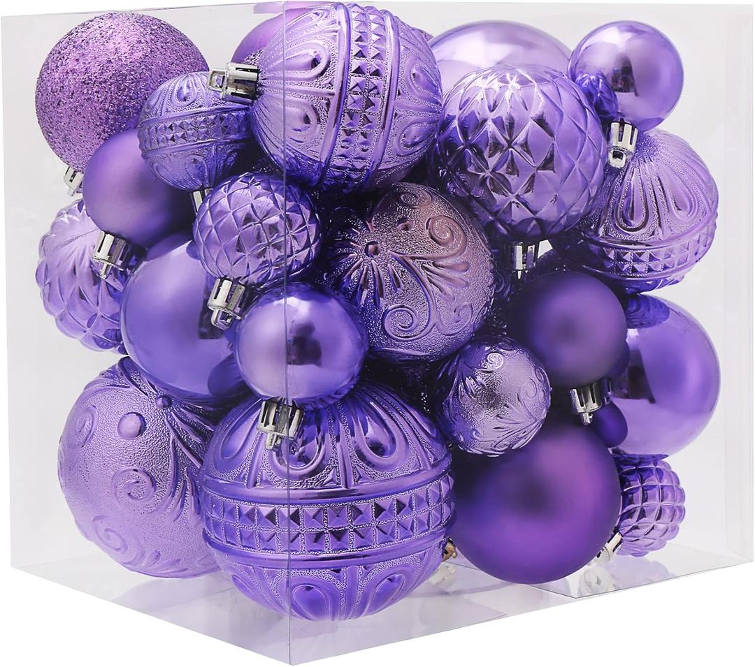 Christmas Ball Ornaments Light Purple Christmas Tree Decorations with Hang Rope-36pcs Shatterproof Christmas Ornaments Set with 6 Styles in 3 Sizes(Small Medium Large)