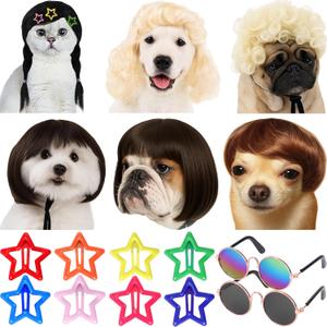 6 Pcs Funny Dog Wig for Cat and Dog Role Playing Wigs with Hairpin Glasses and Adjustable Elastic Band Pet Wigs and Pet Costumes for Small, Medium & Large Pets Accessories (Classic)