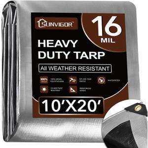 Sunvigor Tarp Waterproof 10x20Ft, Extra Thick 16 Mil Heavy Duty Tarp Cover, Tear & Fade Resistant, Outdoor Tarps with Brass Grommets and Reinforced Edges for Roof, Camping, Patio, Boat (Silver/ Black)