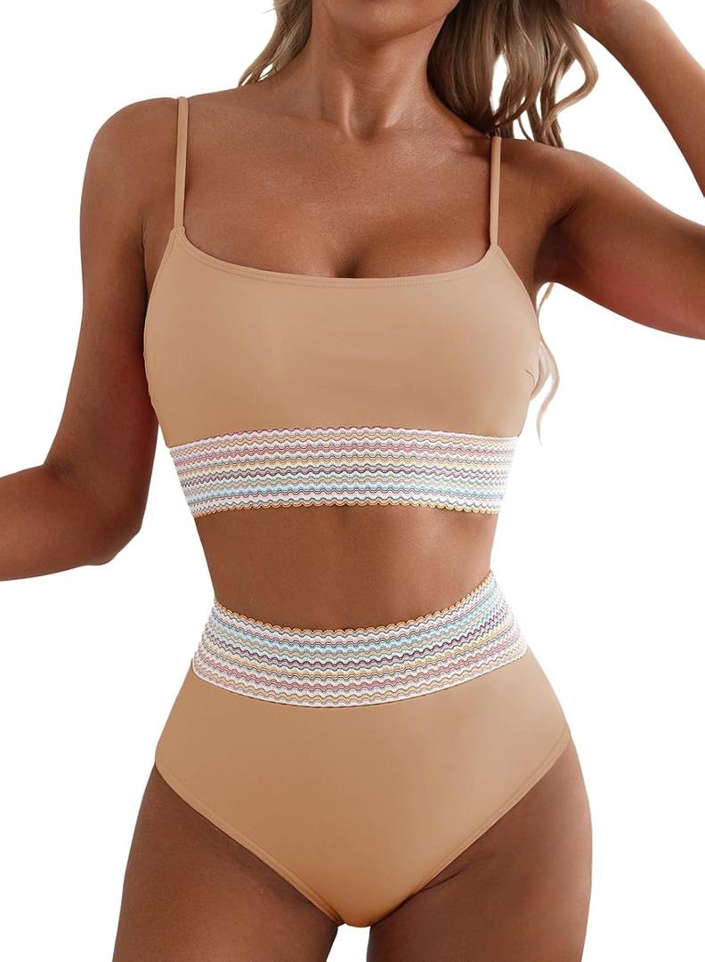 Herseas Women's High Waisted Bikini Sets 2 Piece Tummy Control Swimsuits Full Coverage Bathing Suit Summer Beach Swim Wear (Beige, XS)