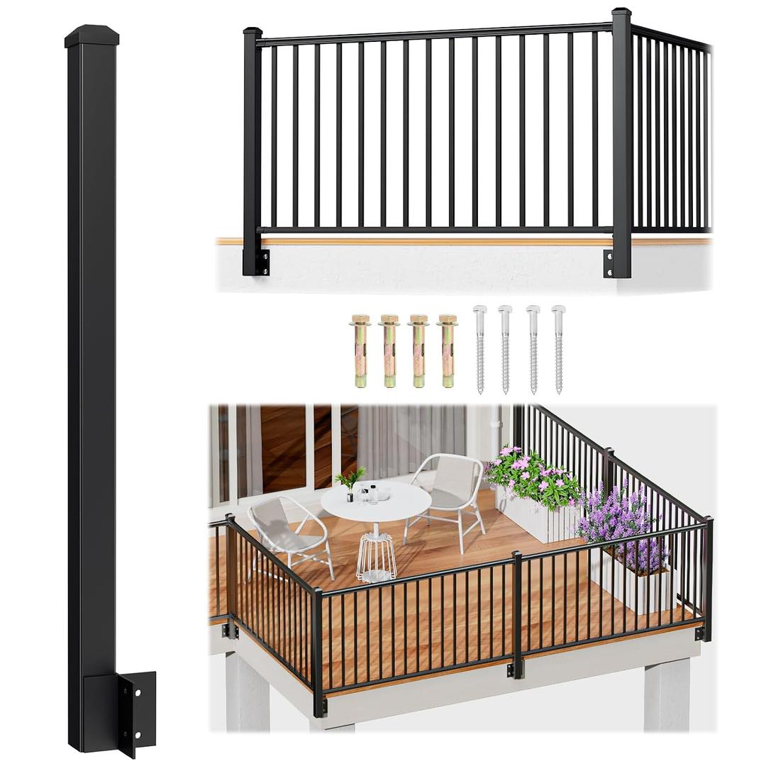 Egadis 1 Pack 2.56 in. x 2.56 in. x 46 in. Aluminum Side Mount Railing Post for 36" Railing Kit, Black Textured Outdoor Powder-Coat Finish Fascia Mount Outer Corner Post for Decks, Porches, Balconies