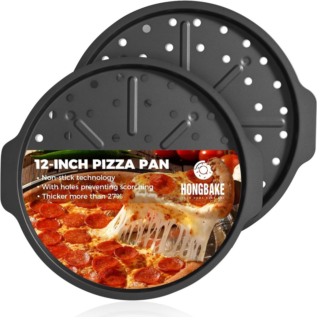 HONGBAKE 2 Pack Pizza Pan with Holes 12 Inch, Nonstick Pizza Tray for Oven with Widen Handles, Hot Air Pizza Crisper Tin, Round Baking Sheet for Frozen & Homemade Pizza, Grey (Gray)