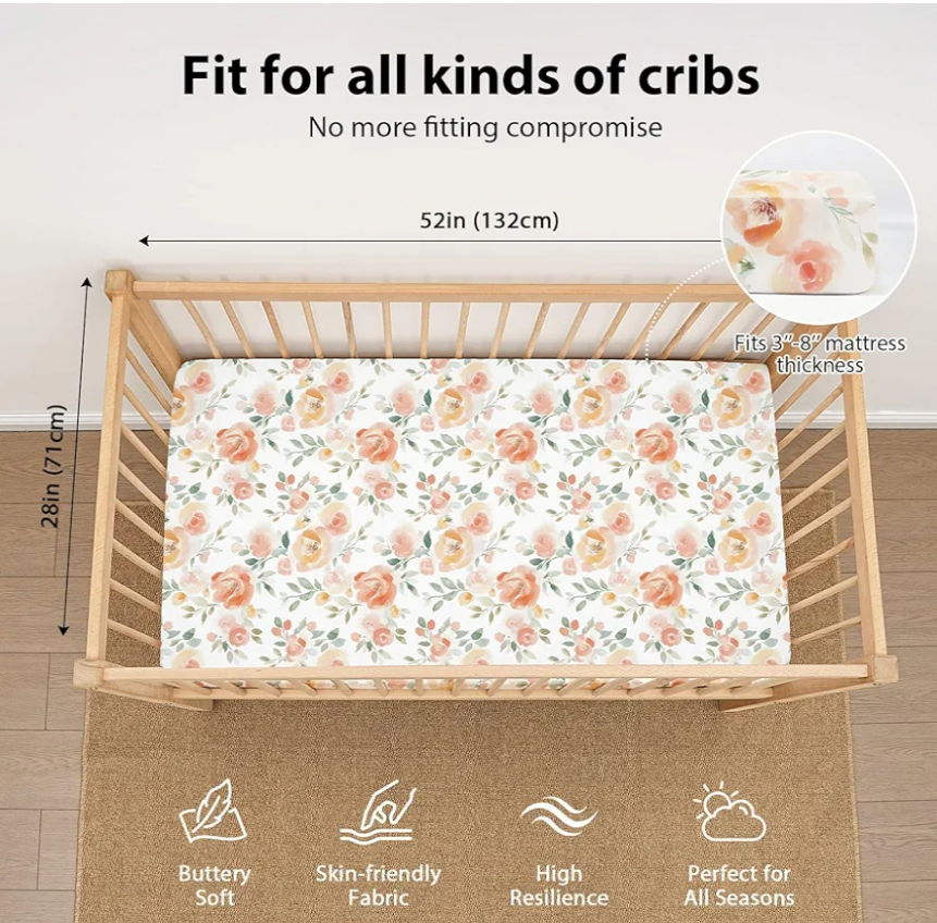 Baby Crib Sheets Girl, Toddler Bed Sheets for 52”x28” Standard Toddler Mattresses, Soft Microfiber Fitted Crib Sheets Neutral Orange Watercolor Flower