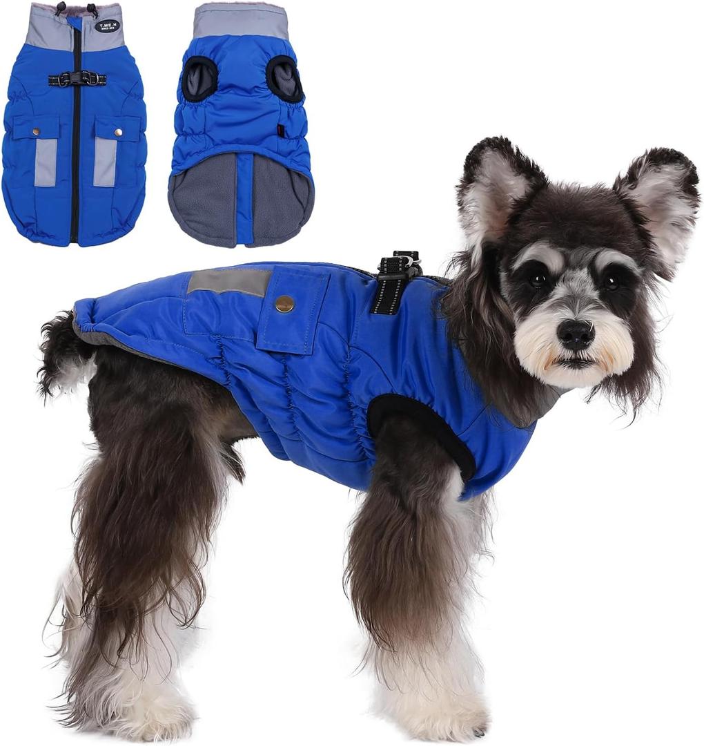 Gyuzh Dog Coat Jacket Vest Clothes Dog Harness Coat Adjustable Reflective Dog Jackets with Pockets and Faux Fur Collar Winter Waterproof Dog Coats for Dogs (Large, Dark Blue)