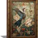 Vintage Gold Bird Framed Wall Art, Antique Hummingbird Floral Canvas Print | Colorful Hummingbird Floral Picture Wall Decor, Retro Nature Botanical Poster Artwork for Living Room Bedroom Office, Size: 24"L x 16"W