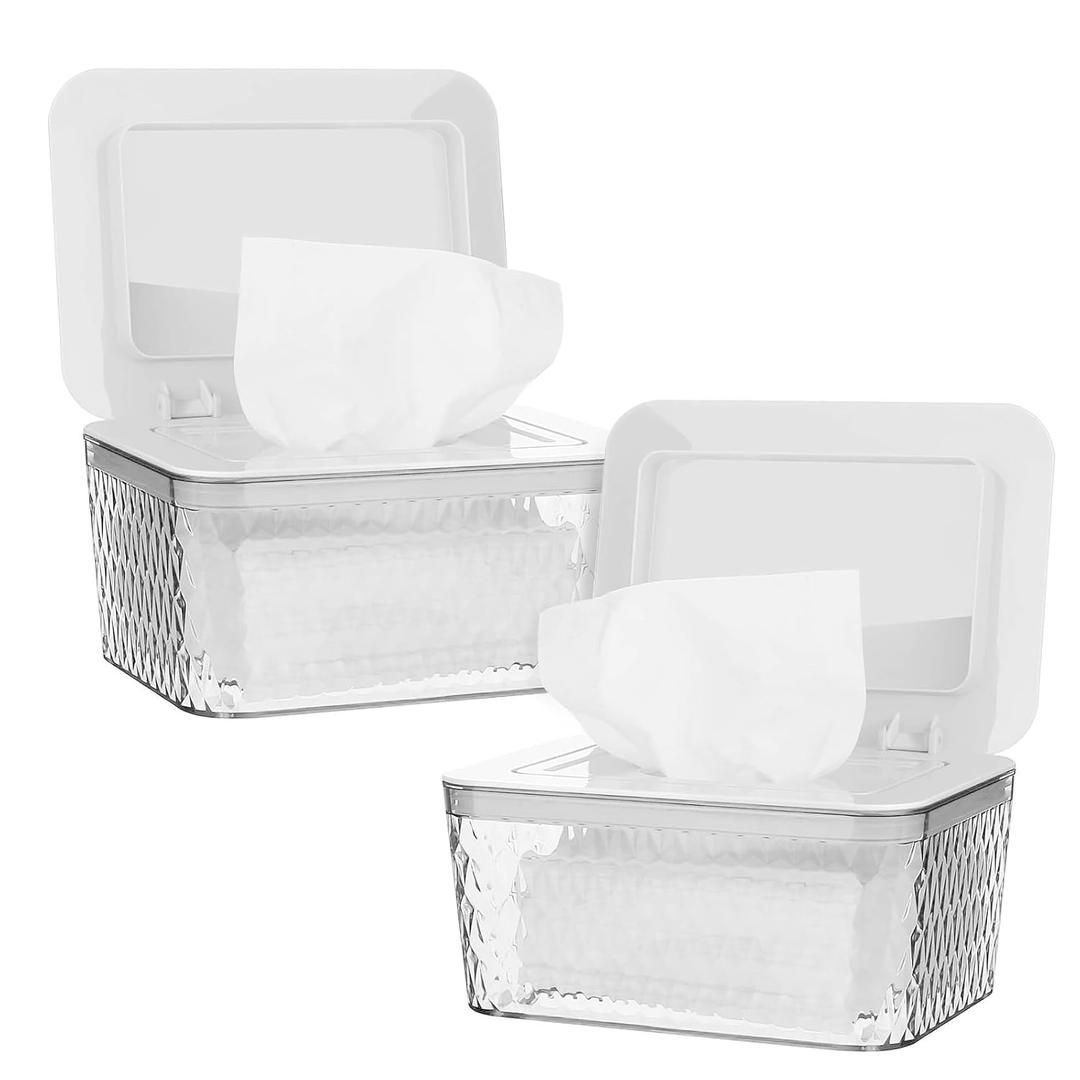 Wipes Dispenser, One-Handed Operation Wipe Holder for Baby & Adult, Seal-Designed Wipes Container for Bathroom Keep Diaper Wipes Fresh (2 Pack White)