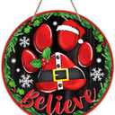 Deroro Christmas Believe Dog Paw Front Door Sign, Xmas Wood Door Hanger Outdoor Outside Porch Decor Pet Lover Gifts, Funny Winter Holiday Wooden Wreath Indoor Wall Hanging Decoration