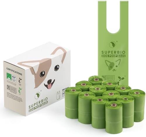 SUPERBIO Handle Tie Dog Poop Bags,12 Rolls,180 Bags,Extra Thick and Strong, OK compost INDUSTRIAL. 12 Pack