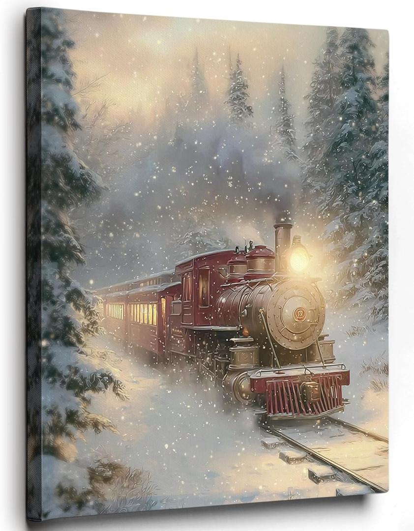 Ebroniah Christmas Train Wall Art, Vintage Winter Snowy Forest Festive Canvas Wall Art Decor for Holiday Living Room, Rustic Farmhouse Prints Framed Artwork for Walls Bedroom Kitchen Home 12x15in